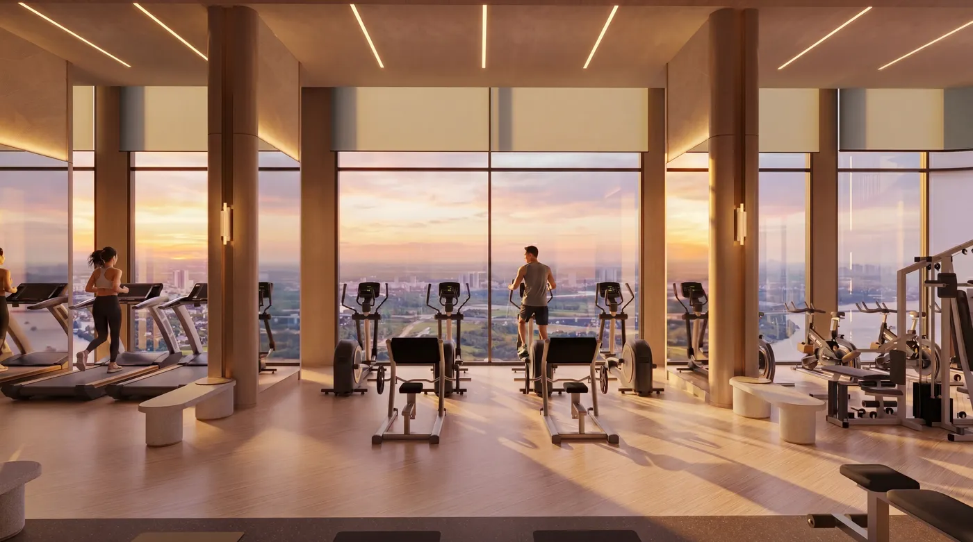 Phòng gym trên cao nhìn ra thành phố