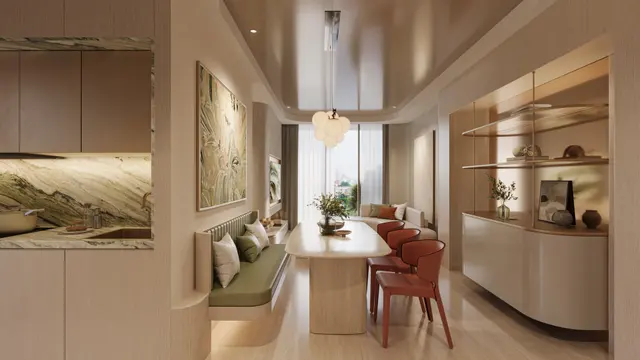 Bàn ăn và bếp căn mẫu 2 phòng ngủ
