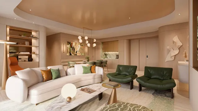 Phòng khách căn mẫu 3 phòng ngủ với sofa trắng và ghế xanh rêu