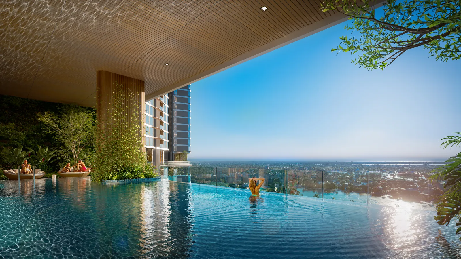 Hồ bơi vô cực tầng 20 nhìn ra sông và thành phố