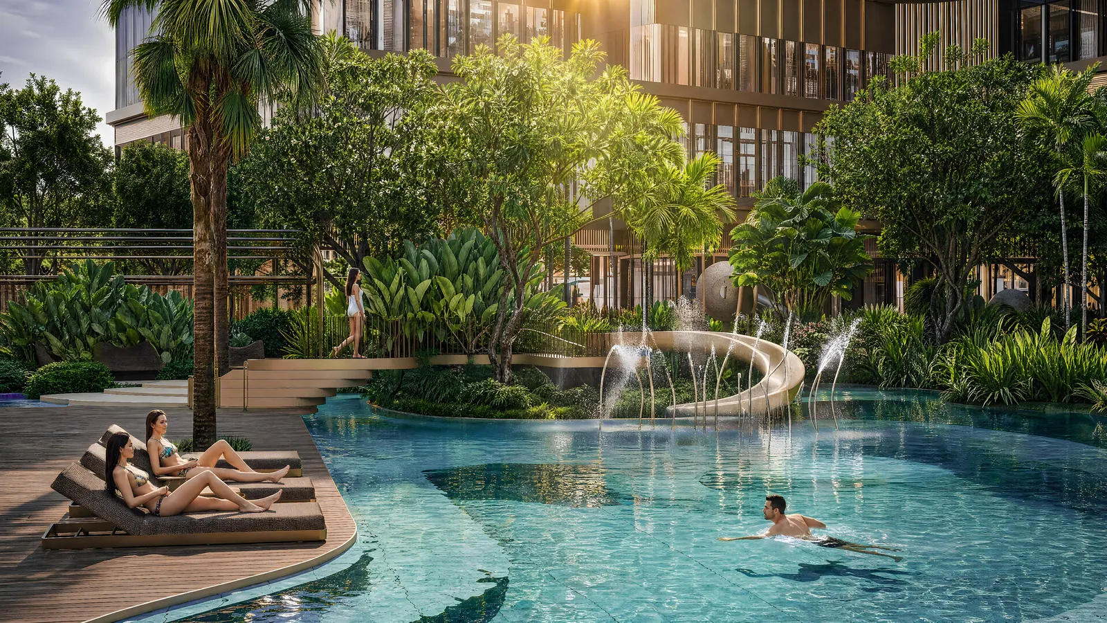 Hồ bơi trẻ em có cầu trượt giữa cây xanh