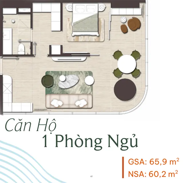Layout căn hộ 1 phòng ngủ 65,9 m²