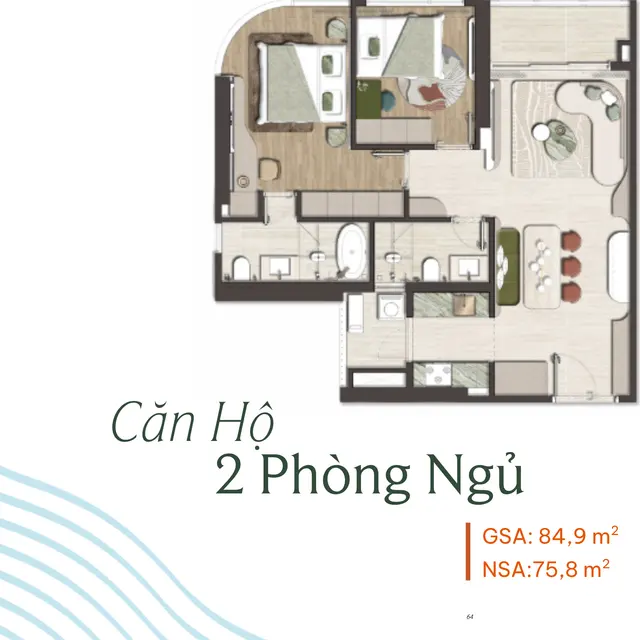 Layout căn hộ 2 phòng ngủ góc 84,9 m²