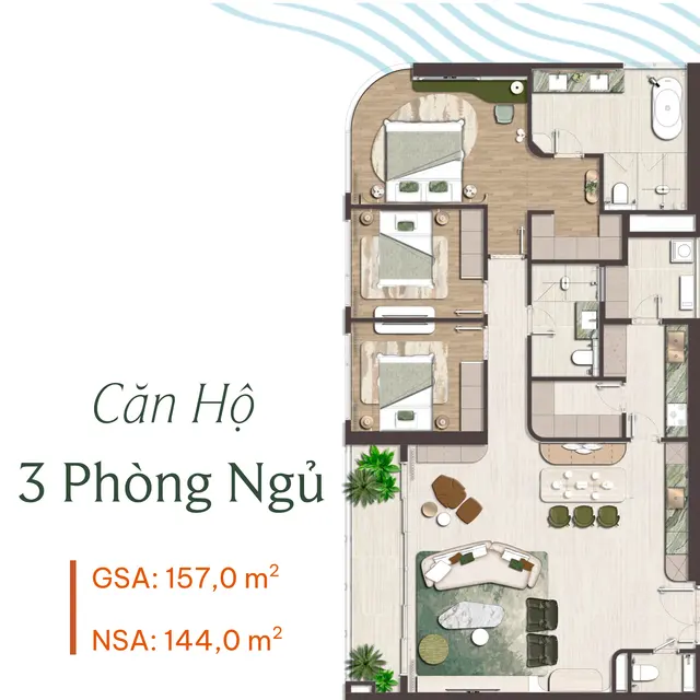 Layout căn hộ 3 phòng ngủ đặc biệt 157 m²