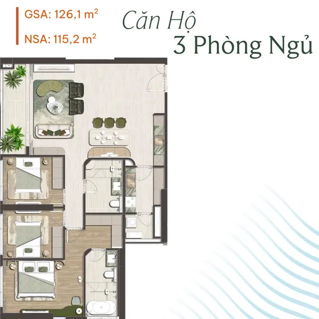 Layout căn hộ 3 phòng ngủ 126,1 m²