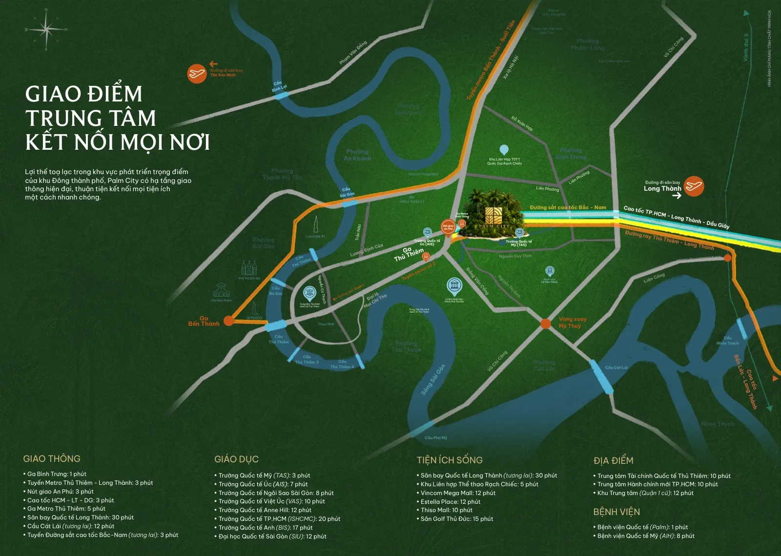 Bản đồ kết nối Palm City với trung tâm TP.HCM, Thủ Thiêm và sân bay Long Thành