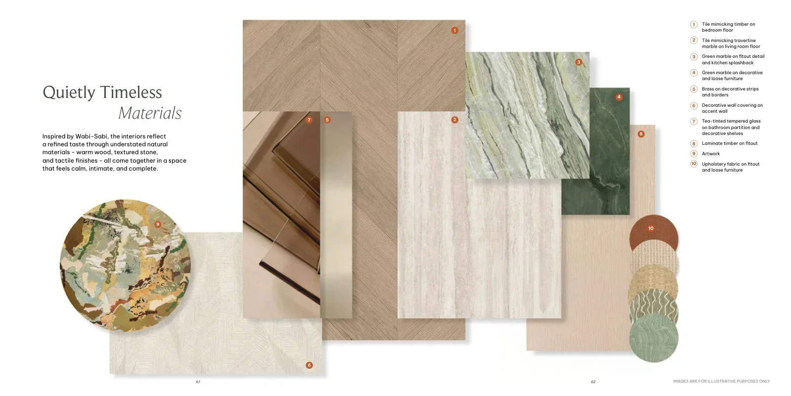 Bảng vật liệu nội thất: gỗ, đá travertine, đá cẩm thạch xanh, đồng thau