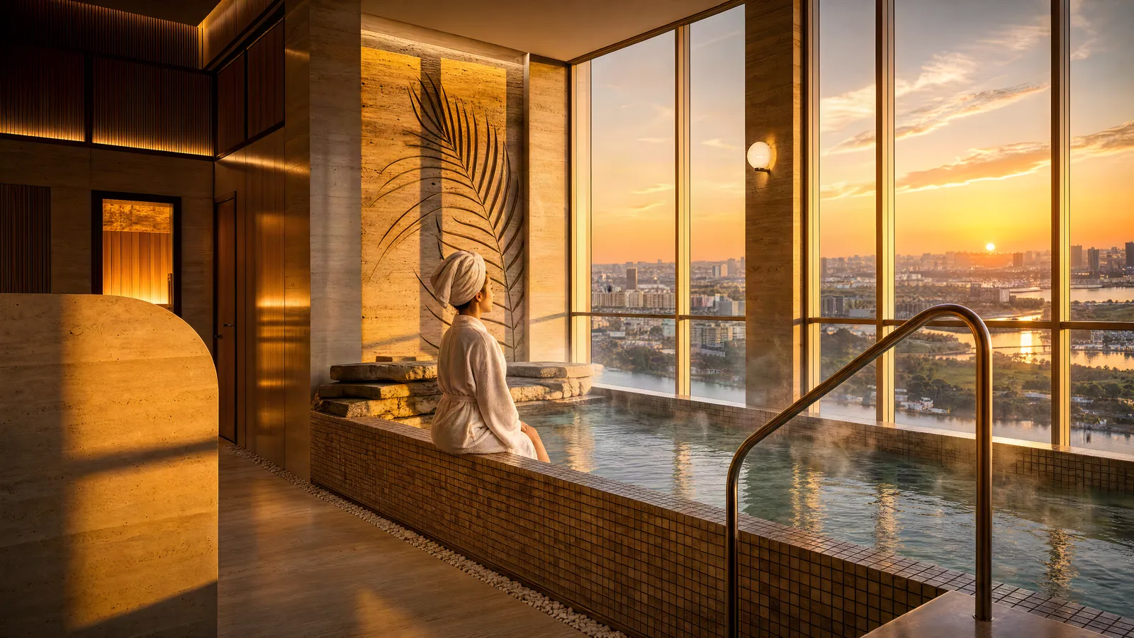 Onsen trên không nhìn ra thành phố lúc hoàng hôn