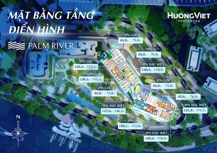 Vị trí tháp 3 và tháp 4 trên khu đất, các căn phía hồ bơi và sông, phía đường nội khu