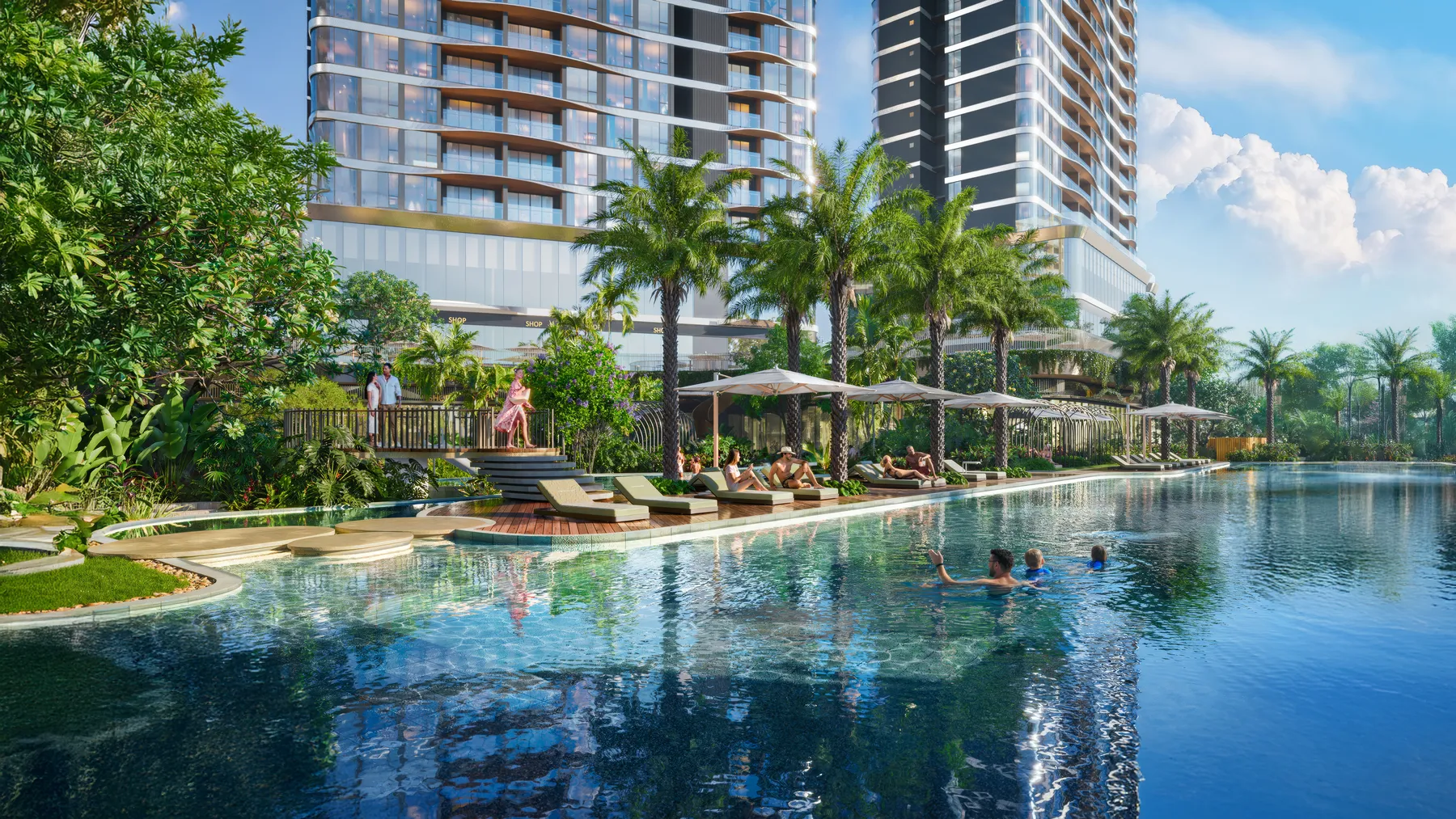 Hồ bơi dài 70 m bao quanh bởi hàng cọ